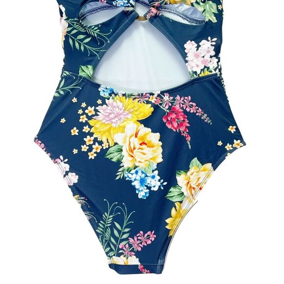 NWT Cupshe Tropical Floral Cutout One Piece Swimsuit Navy Pink Yellow Size XS - Picture 9 of 15